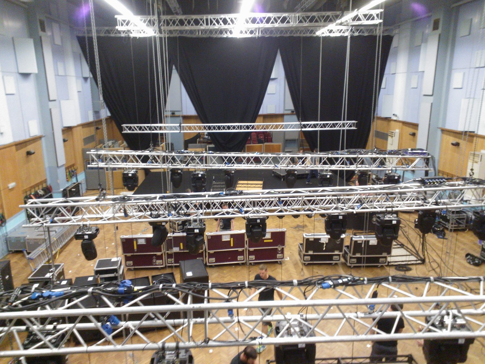 Lighting and truss rig build inside a concert hall
