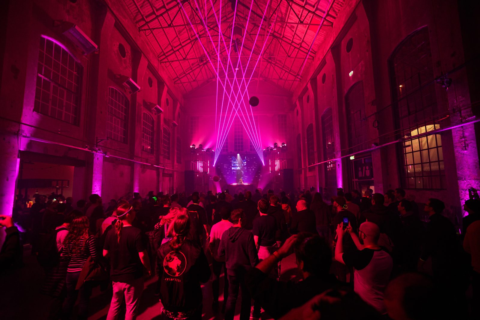 Crowd at a live event beneath pink laser beams